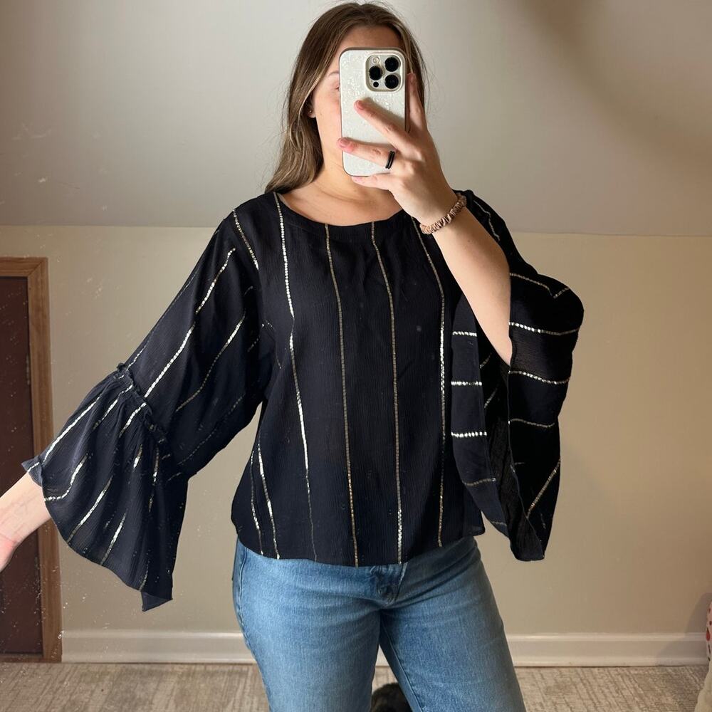 Libby Edelman: Black and Metallic Stripe Flare Sleeve Blouse
